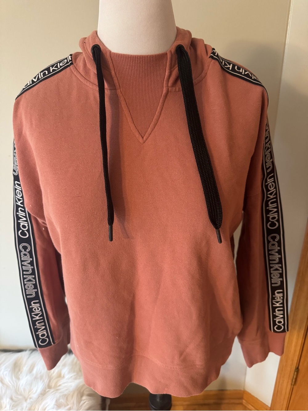 Calvin Klein Dusty Rose Pullover Hoodie with Black Logo Tape